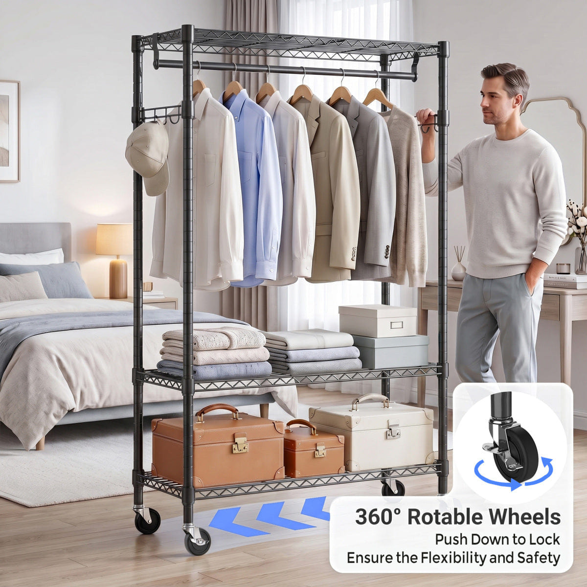 And Streamdale Heavy Duty Rolling Garment Rack with 3 - Tier Shelves and Rods, Black