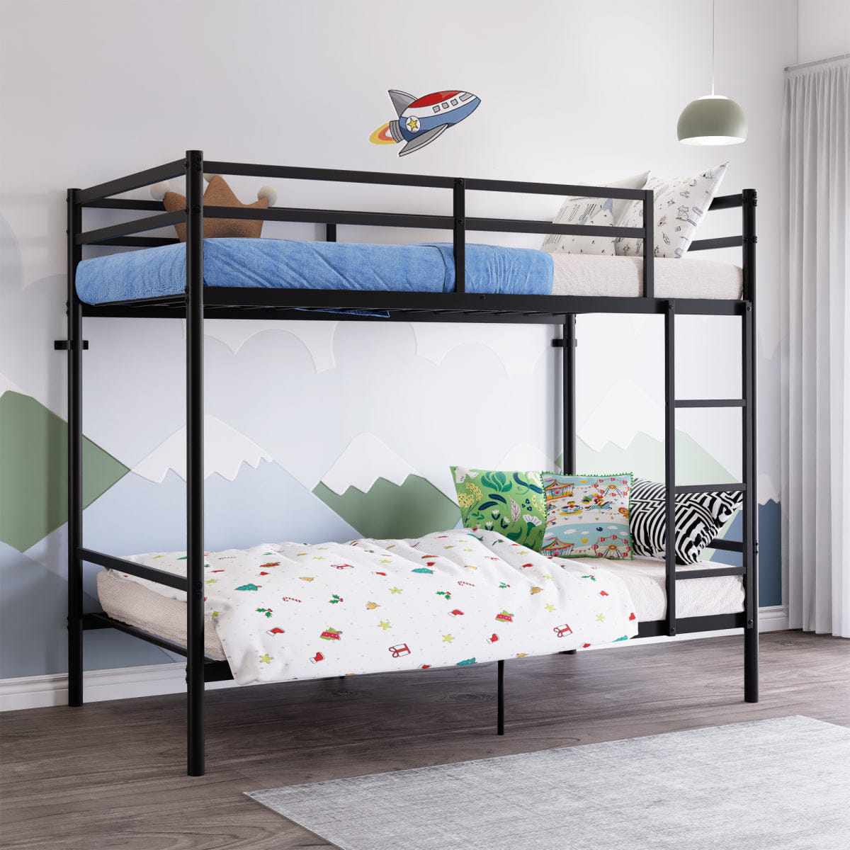 And Streamdale Twin Over Twin Metal Bunk Bed with Ladder, Guardrail, and Storage - Black