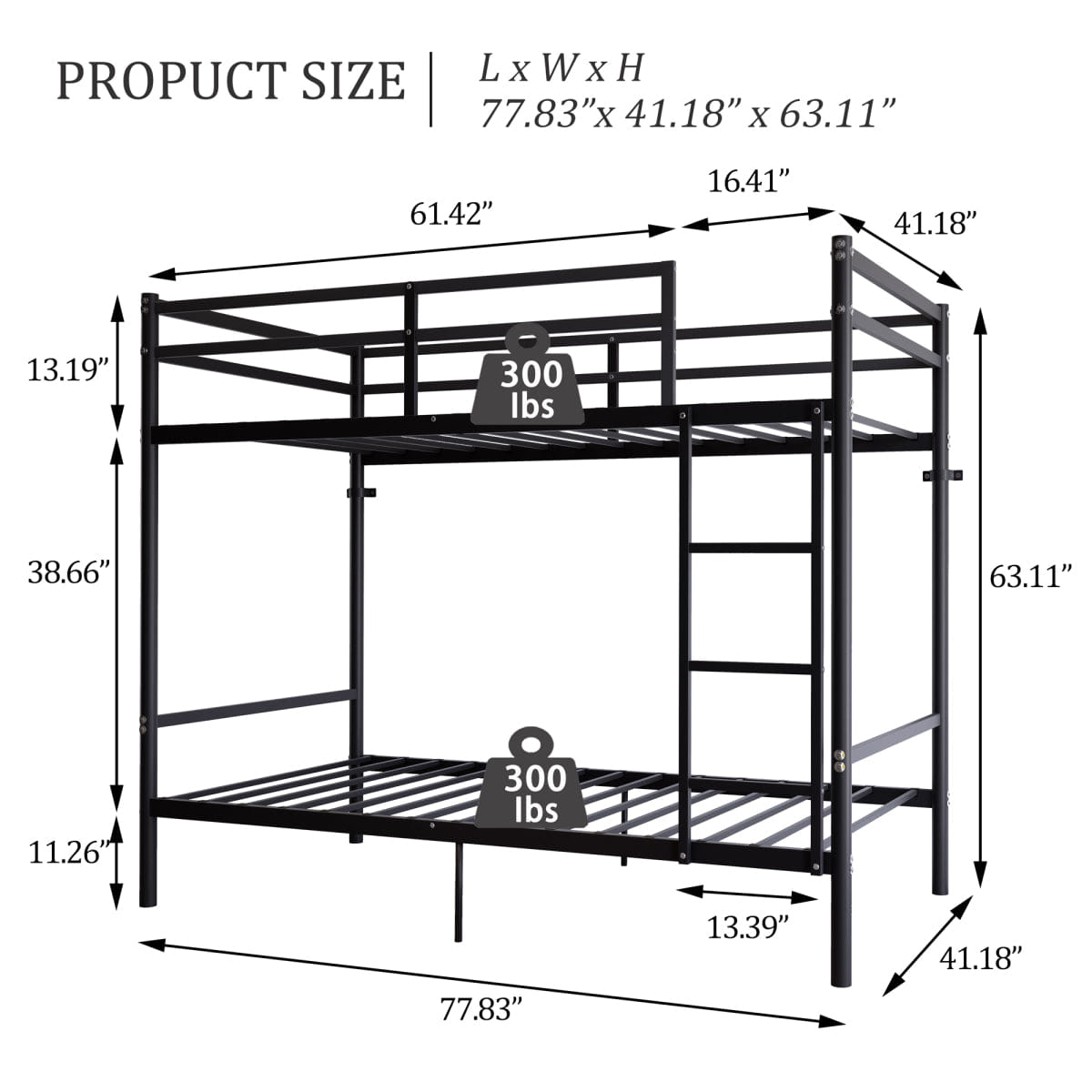 And Streamdale Twin Over Twin Metal Bunk Bed with Ladder, Guardrail, and Storage - Black