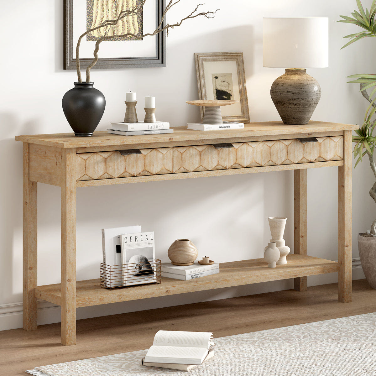 Drawer Streamdale 58.3" Fir Veneer 3 - Drawer Console Table with Honeycomb Fronts