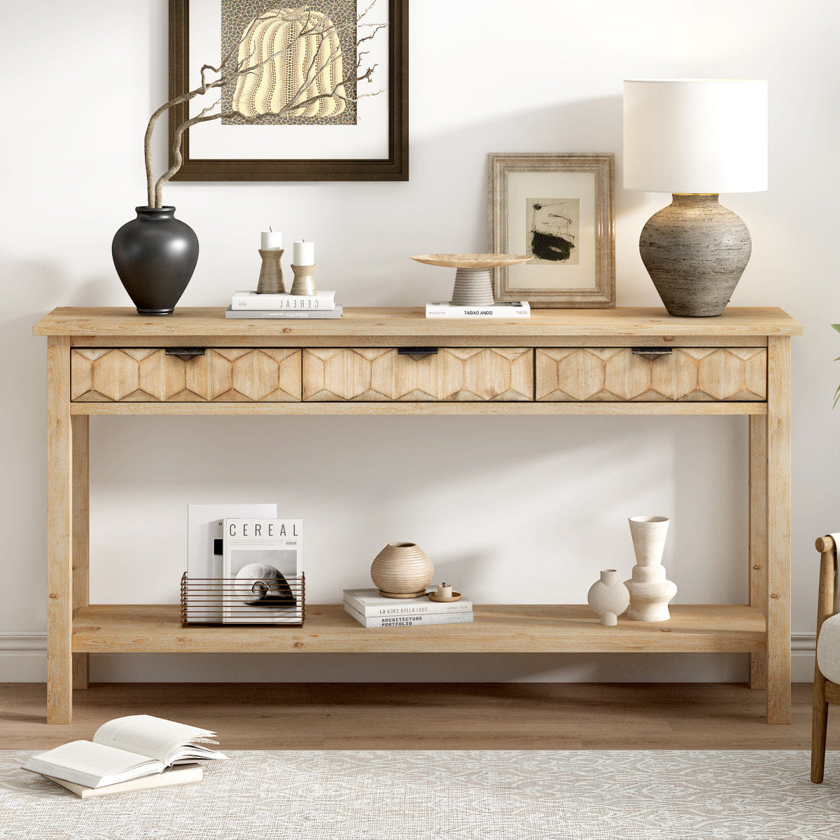 Drawer Streamdale 58.3" Fir Veneer 3 - Drawer Console Table with Honeycomb Fronts