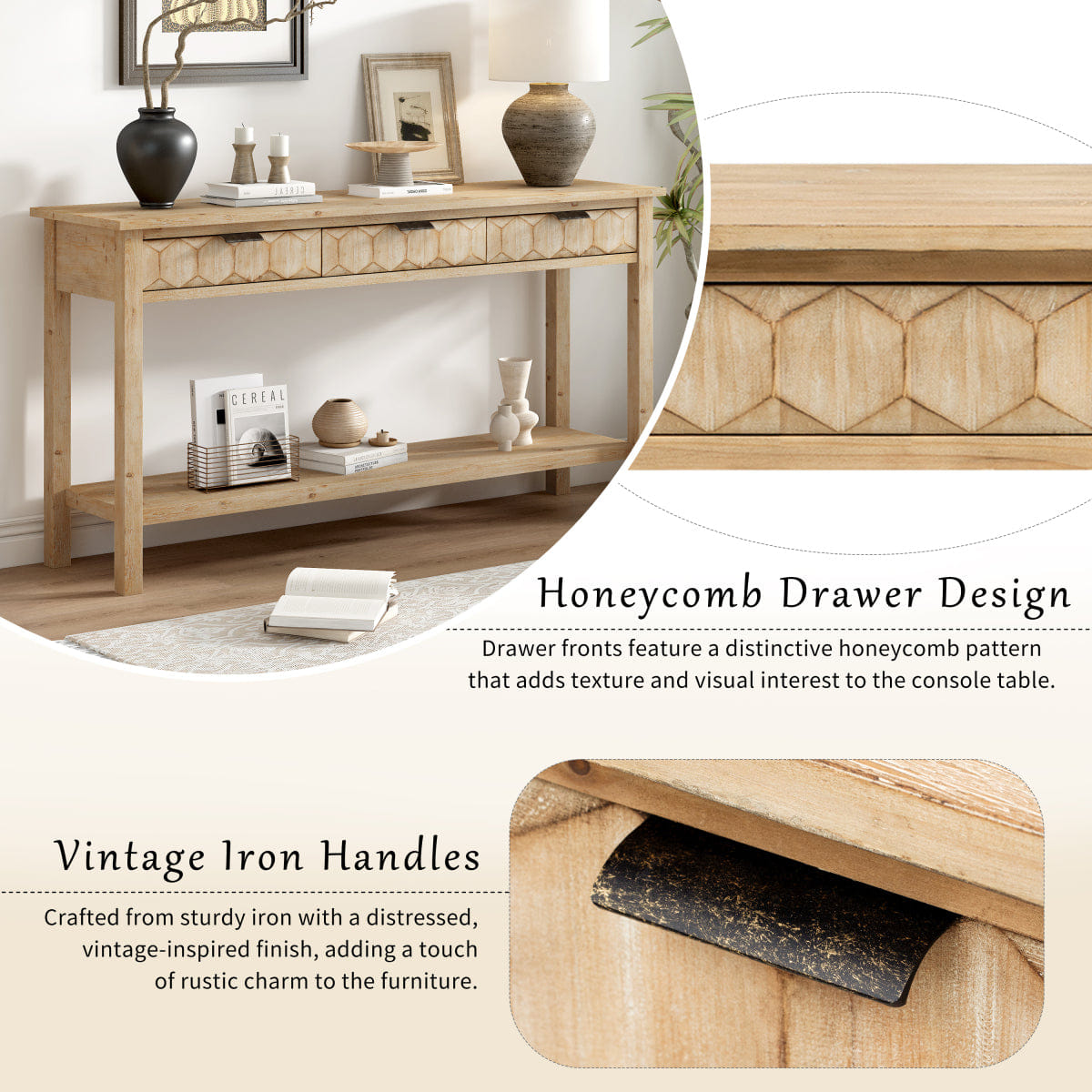 Drawer Streamdale 58.3" Fir Veneer 3 - Drawer Console Table with Honeycomb Fronts