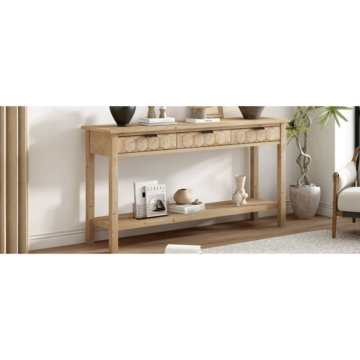 Drawer Streamdale 58.3" Fir Veneer 3 - Drawer Console Table with Honeycomb Fronts