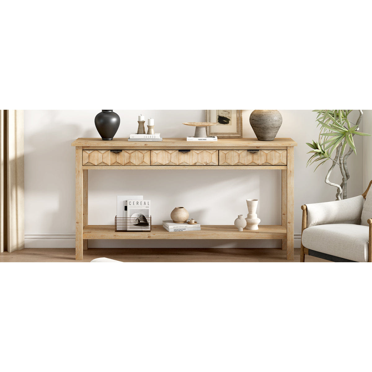 Drawer Streamdale 58.3" Fir Veneer 3 - Drawer Console Table with Honeycomb Fronts