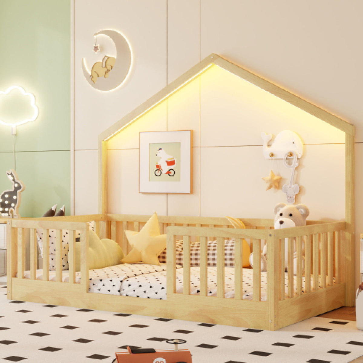 FLOOR Streamdale Twin Floor Bed with High Rails and Light for Kids, Natural