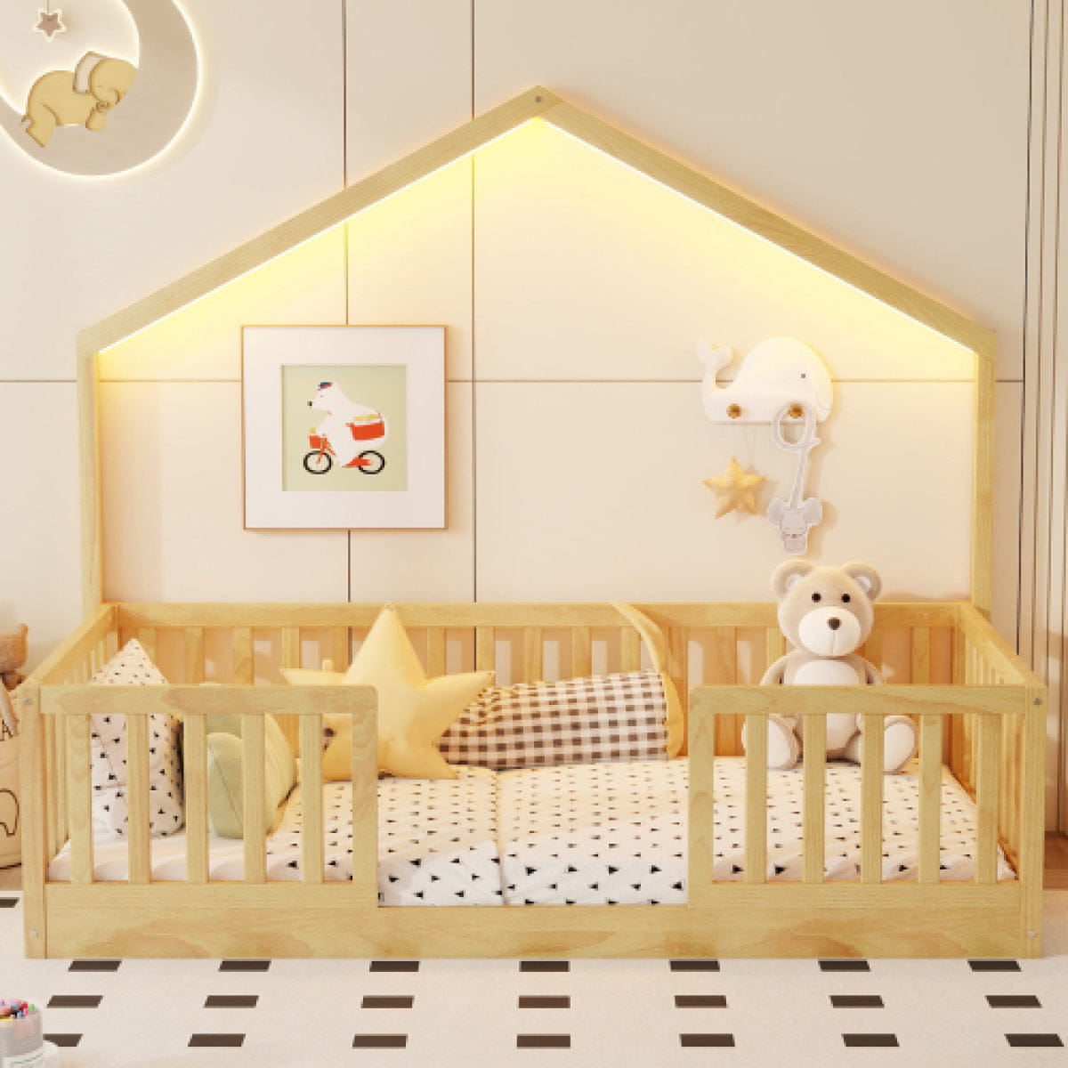 FLOOR Streamdale Twin Floor Bed with High Rails and Light for Kids, Natural