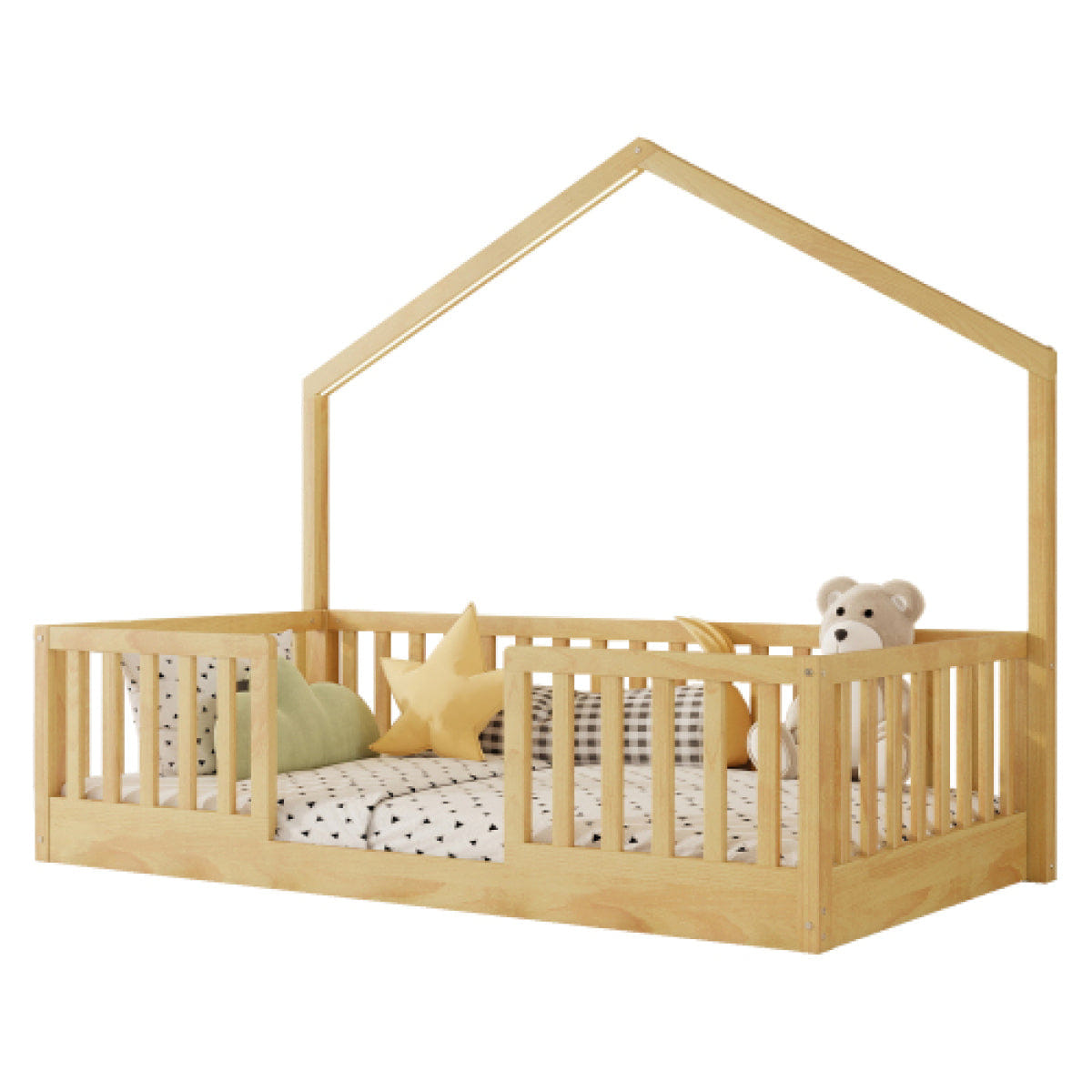 FLOOR Streamdale Twin Floor Bed with High Rails and Light for Kids, Natural
