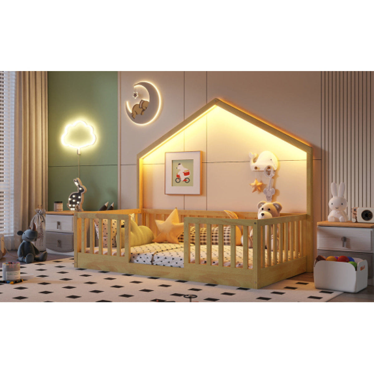 FLOOR Streamdale Twin Floor Bed with High Rails and Light for Kids, Natural