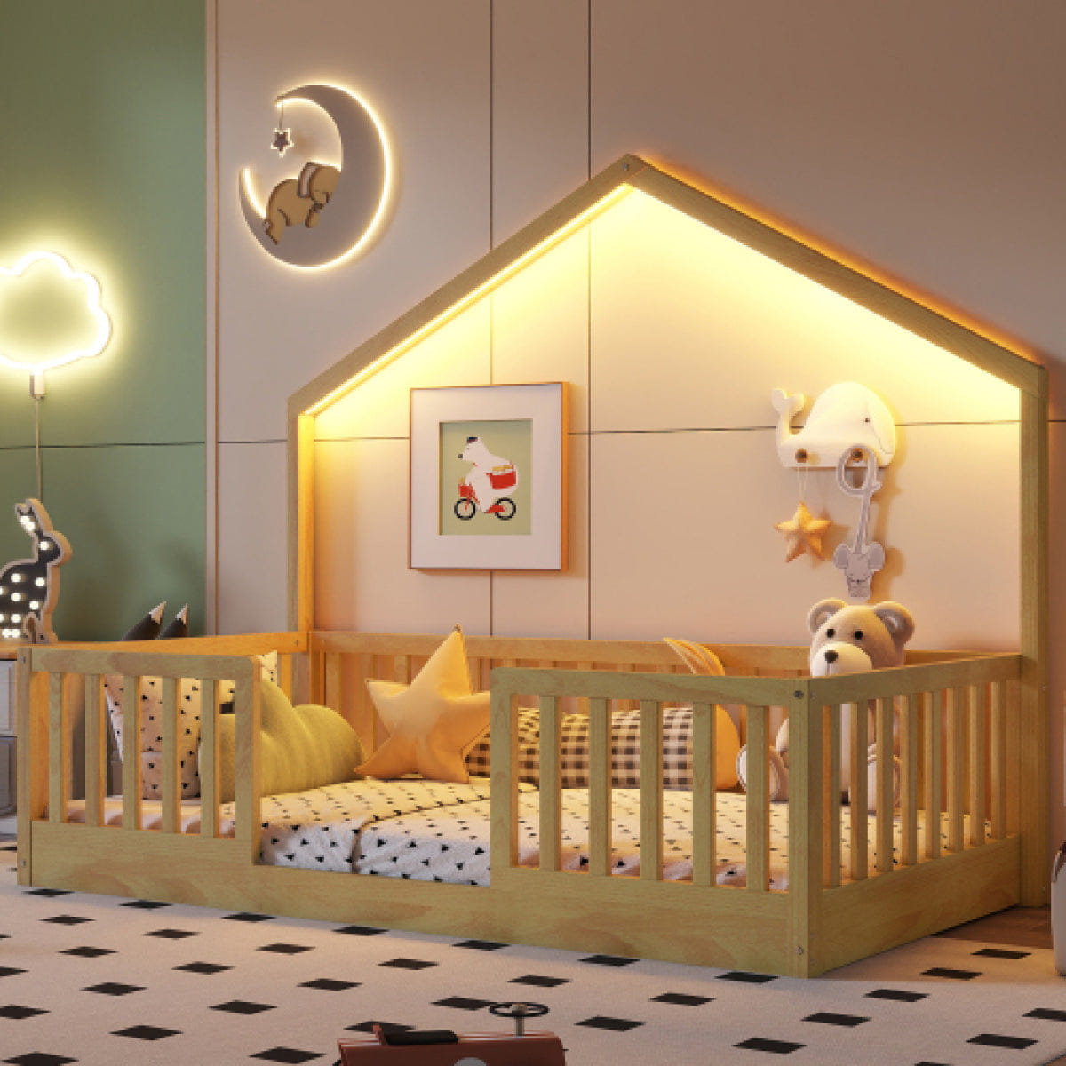 FLOOR Streamdale Twin Floor Bed with High Rails and Light for Kids, Natural