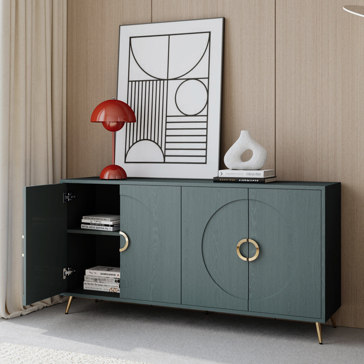 WOOD Streamdale 60" Italian Green Wood Grain 4 - Door Sideboard with Gold Handles
