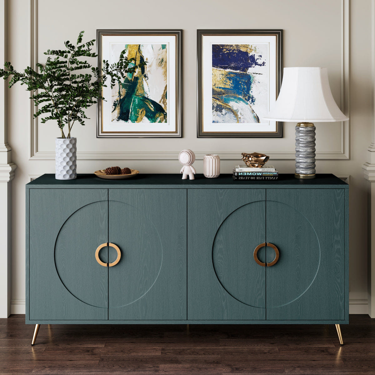 WOOD Streamdale 60" Italian Green Wood Grain 4 - Door Sideboard with Gold Handles