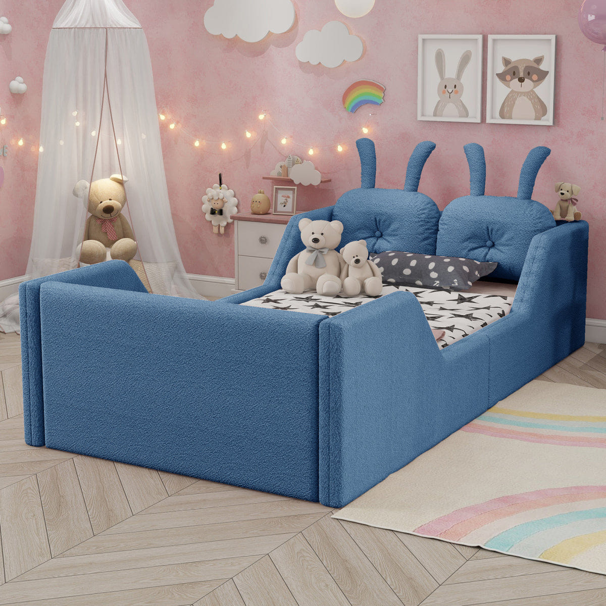 FLOOR Streamdale Twin Upholstered Kids Floor Bed with Rabbit Cushion and Side Rails, Blue