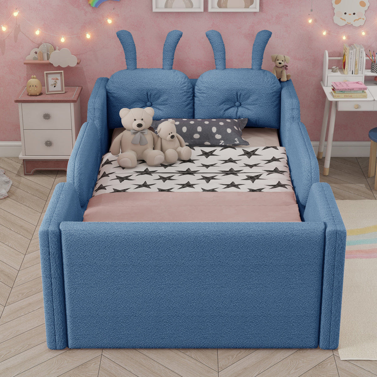 FLOOR Streamdale Twin Upholstered Kids Floor Bed with Rabbit Cushion and Side Rails, Blue