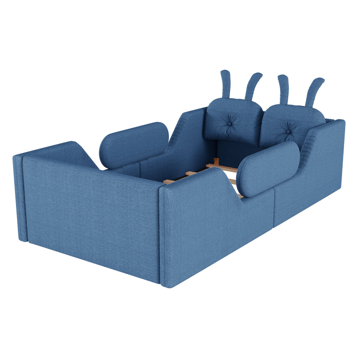 FLOOR Streamdale Twin Upholstered Kids Floor Bed with Rabbit Cushion and Side Rails, Blue