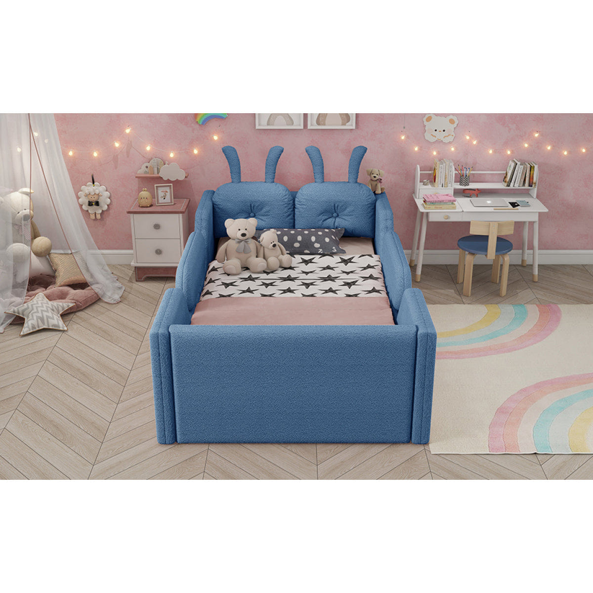 FLOOR Streamdale Twin Upholstered Kids Floor Bed with Rabbit Cushion and Side Rails, Blue