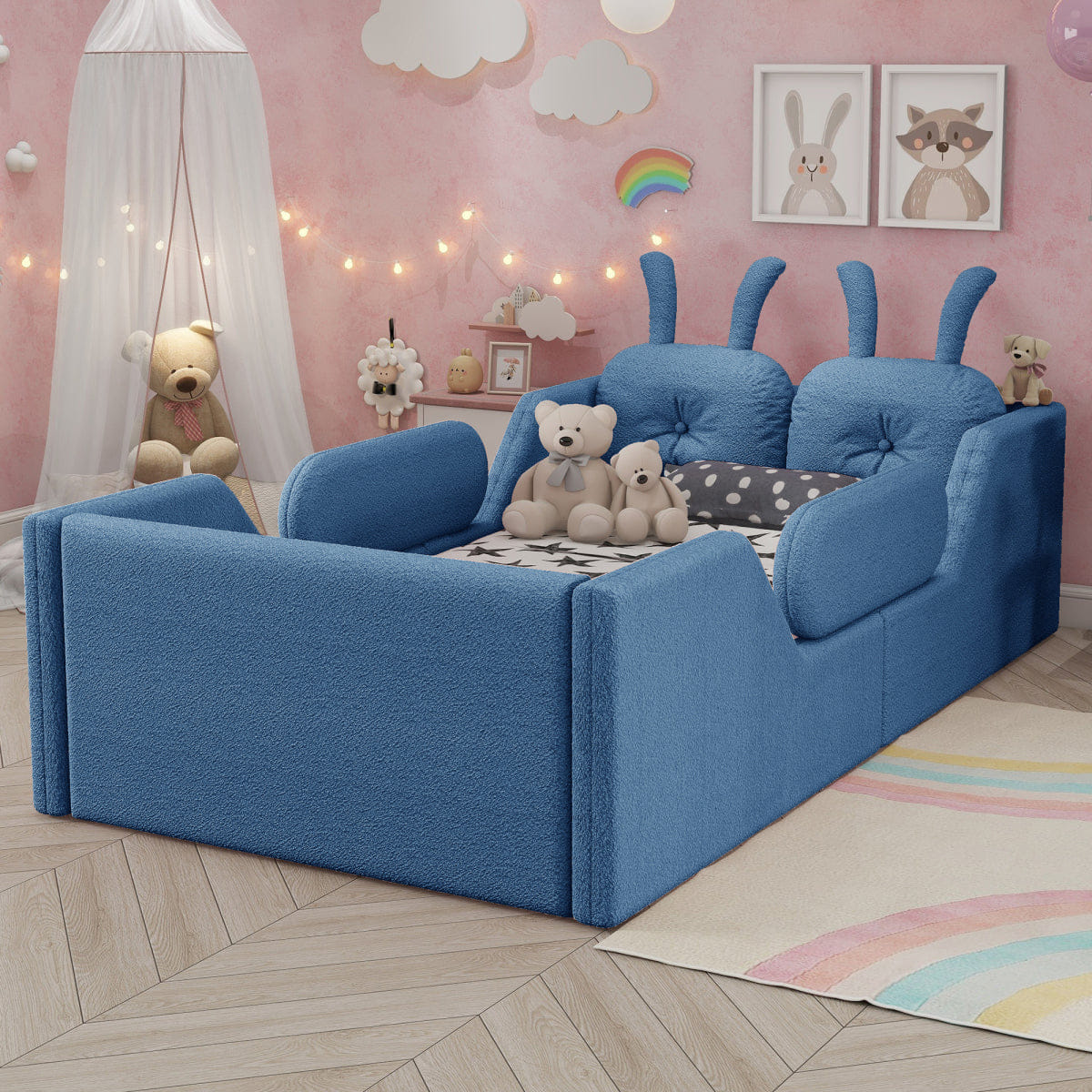 FLOOR Streamdale Twin Upholstered Kids Floor Bed with Rabbit Cushion and Side Rails, Blue