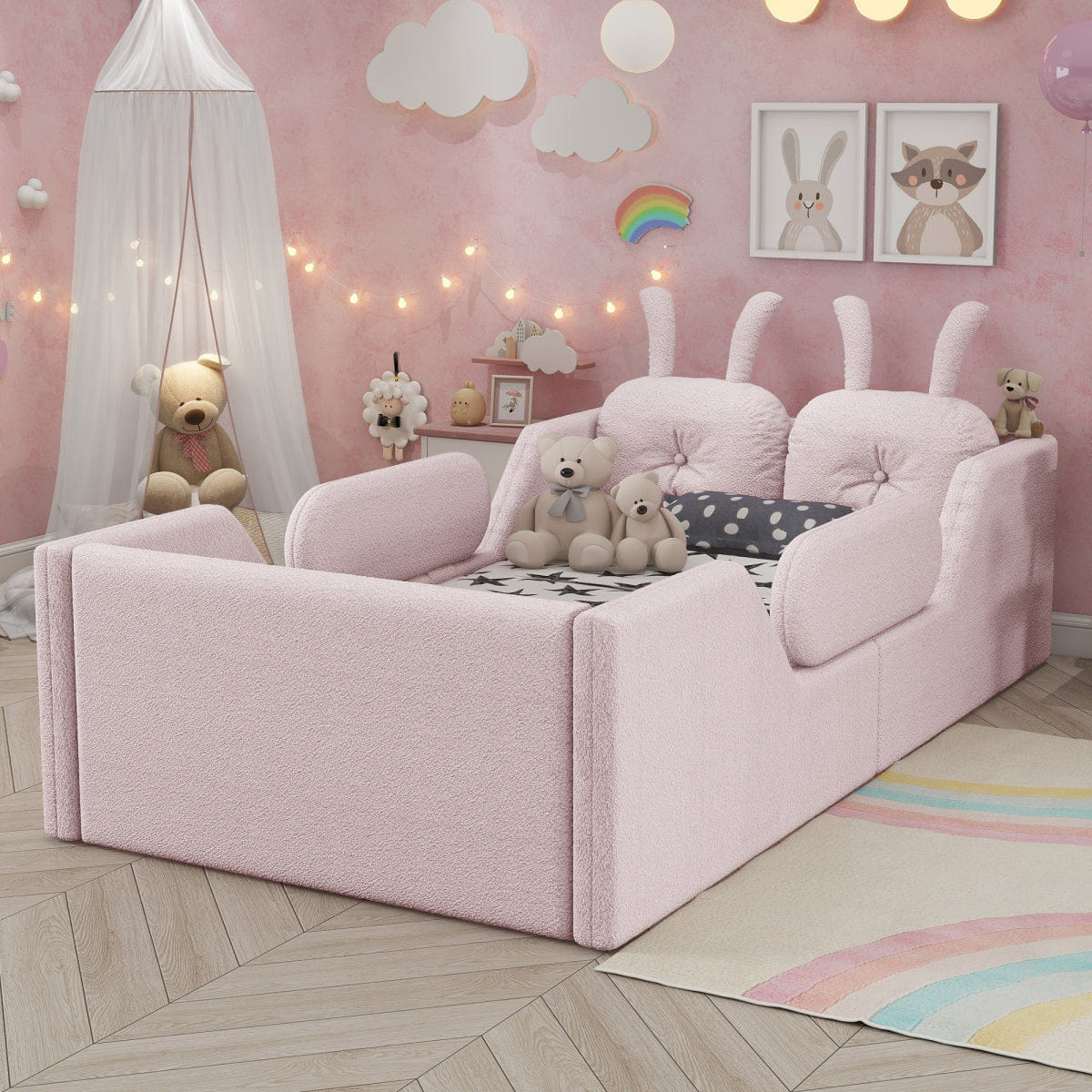 Rails Streamdale Twin Upholstered Platform Bed with Rabbit Cushion & Side Rails, Pink