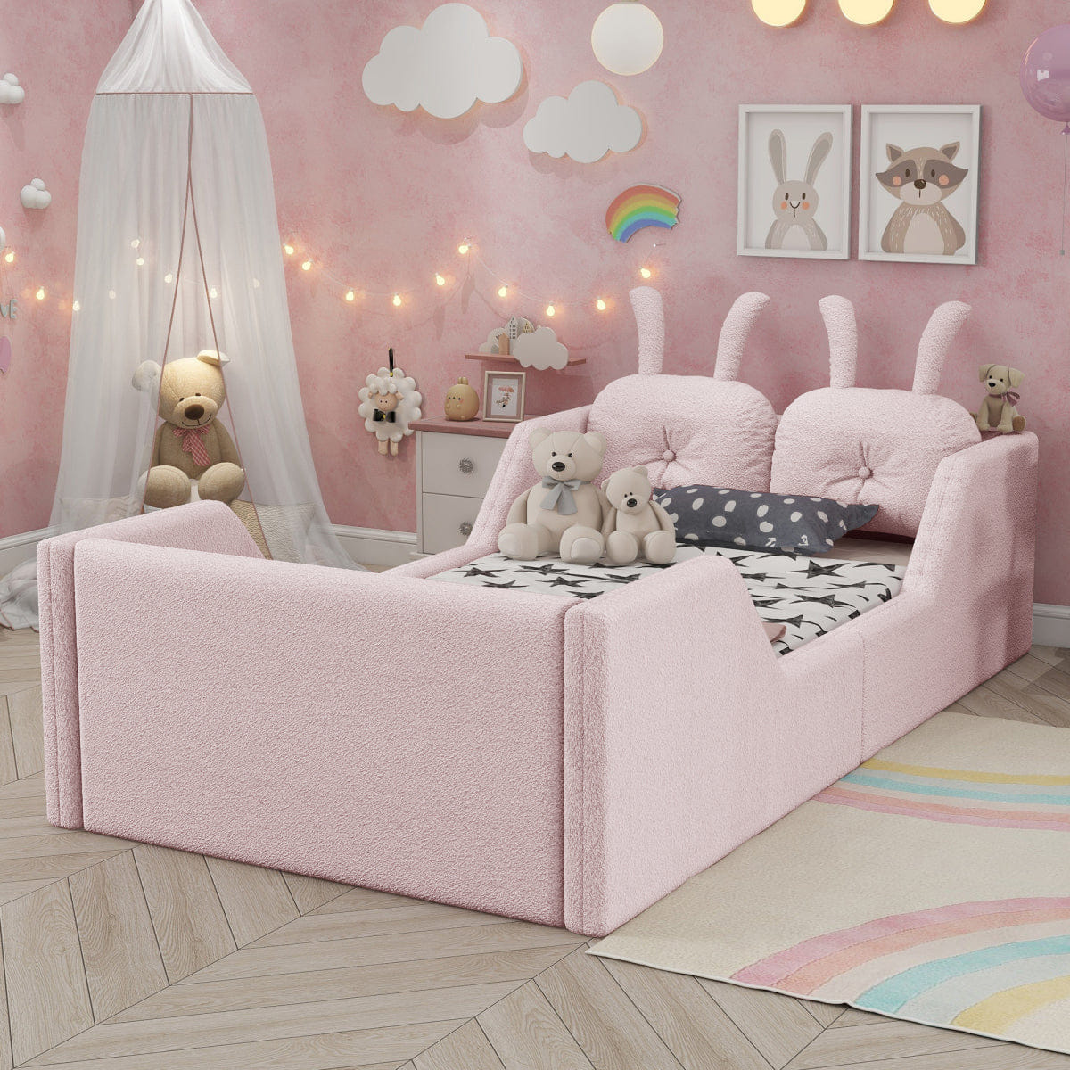 Rails Streamdale Twin Upholstered Platform Bed with Rabbit Cushion & Side Rails, Pink