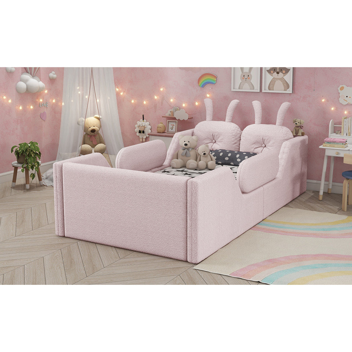 Rails Streamdale Twin Upholstered Platform Bed with Rabbit Cushion & Side Rails, Pink