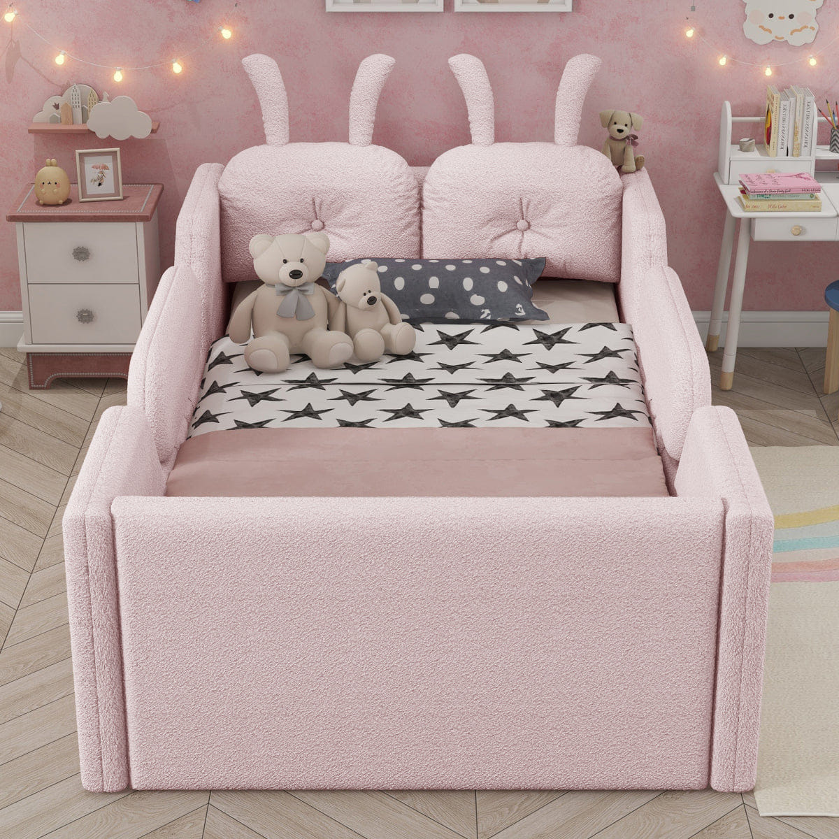 Rails Streamdale Twin Upholstered Platform Bed with Rabbit Cushion & Side Rails, Pink