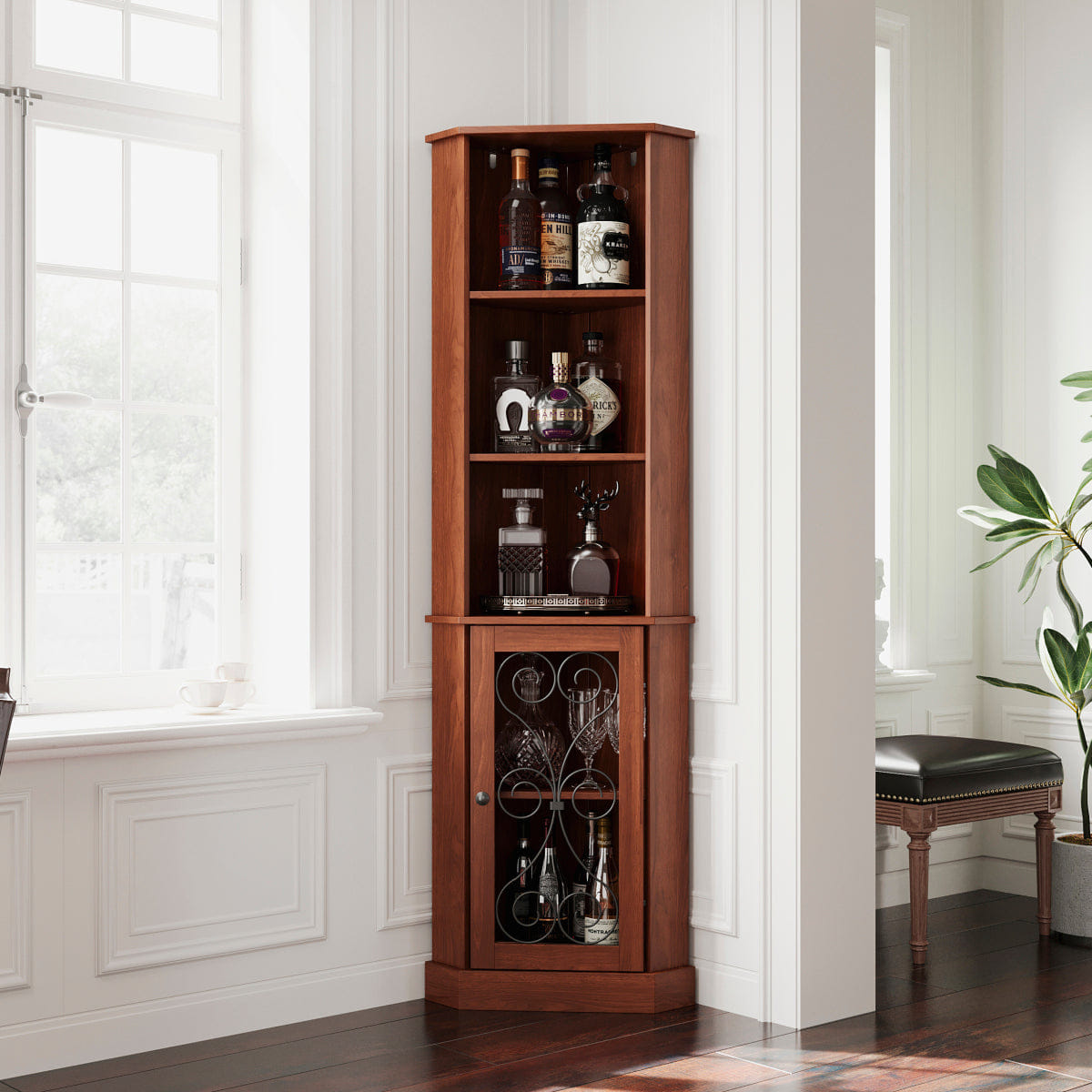 CORNER Streamdale Tall Corner Bar Cabinet with Open Shelves & Mesh Door, Walnut