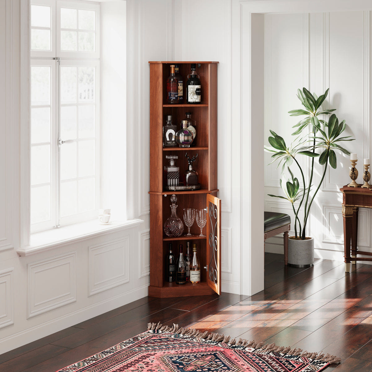 CORNER Streamdale Tall Corner Bar Cabinet with Open Shelves & Mesh Door, Walnut