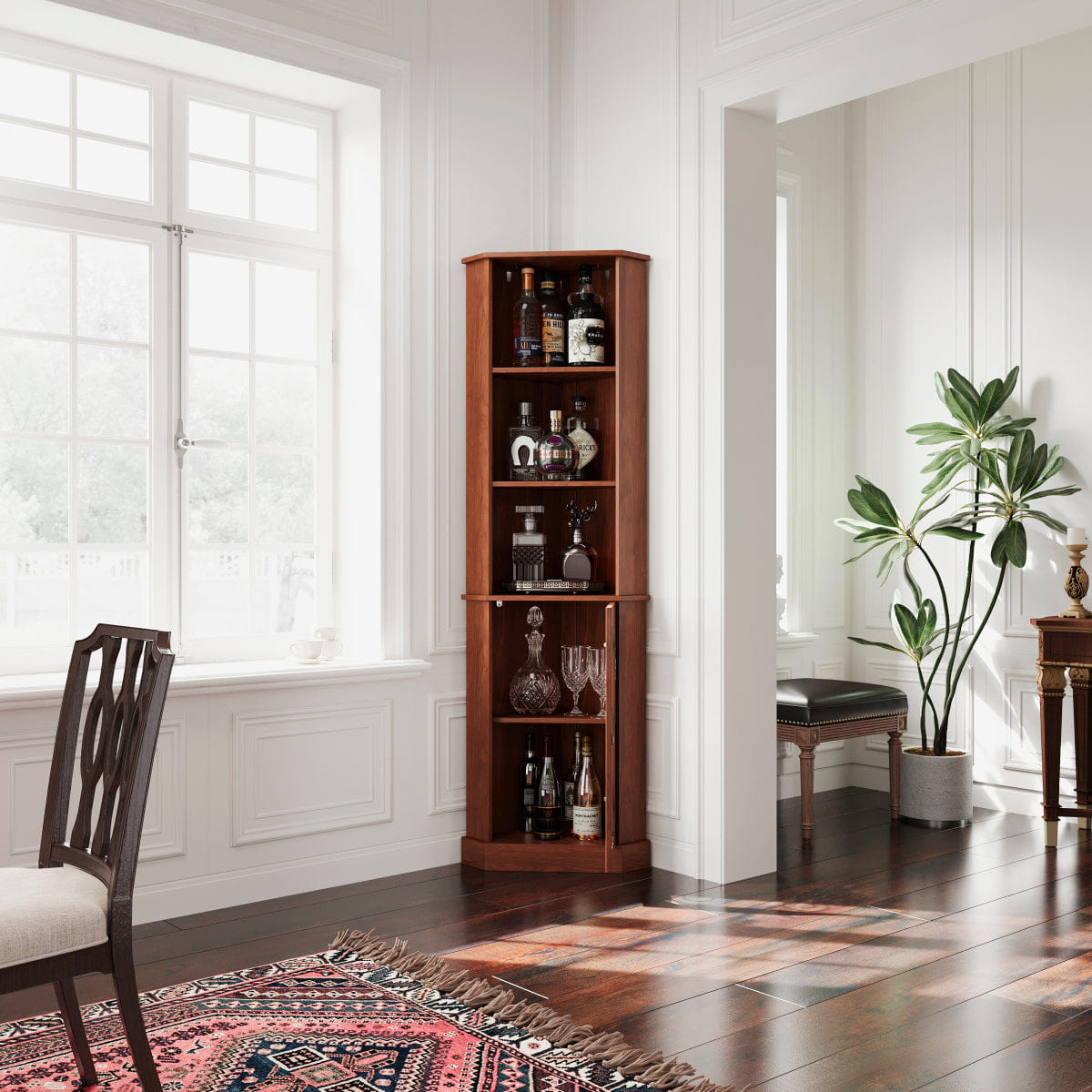 CORNER Streamdale Tall Corner Bar Cabinet with Open Shelves & Mesh Door, Walnut