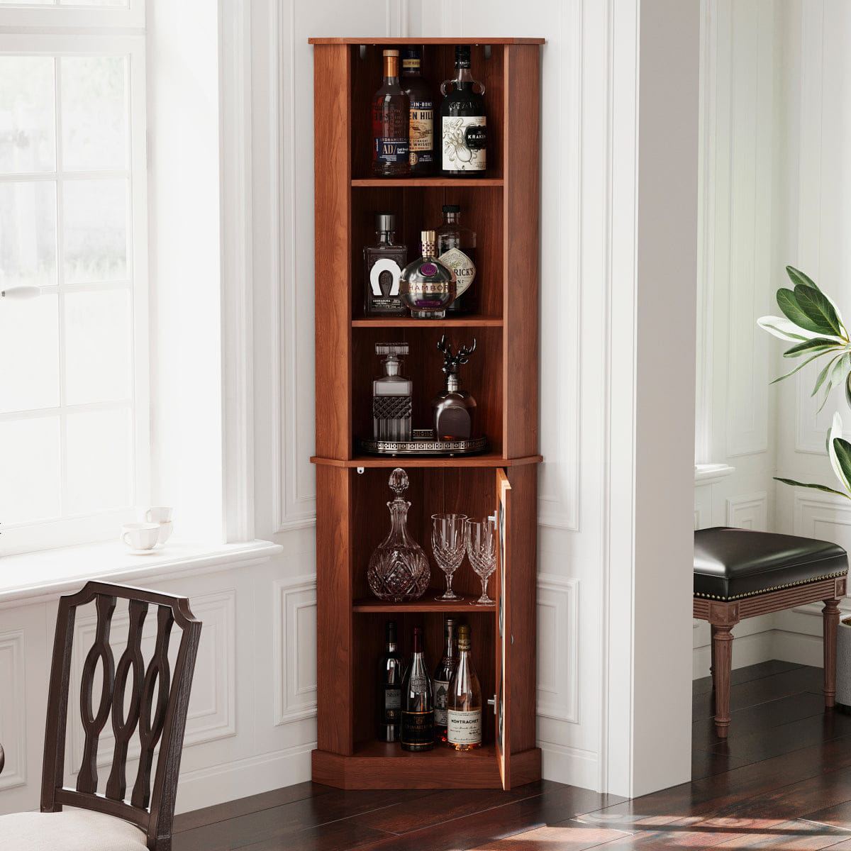 CORNER Streamdale Tall Corner Bar Cabinet with Open Shelves & Mesh Door, Walnut
