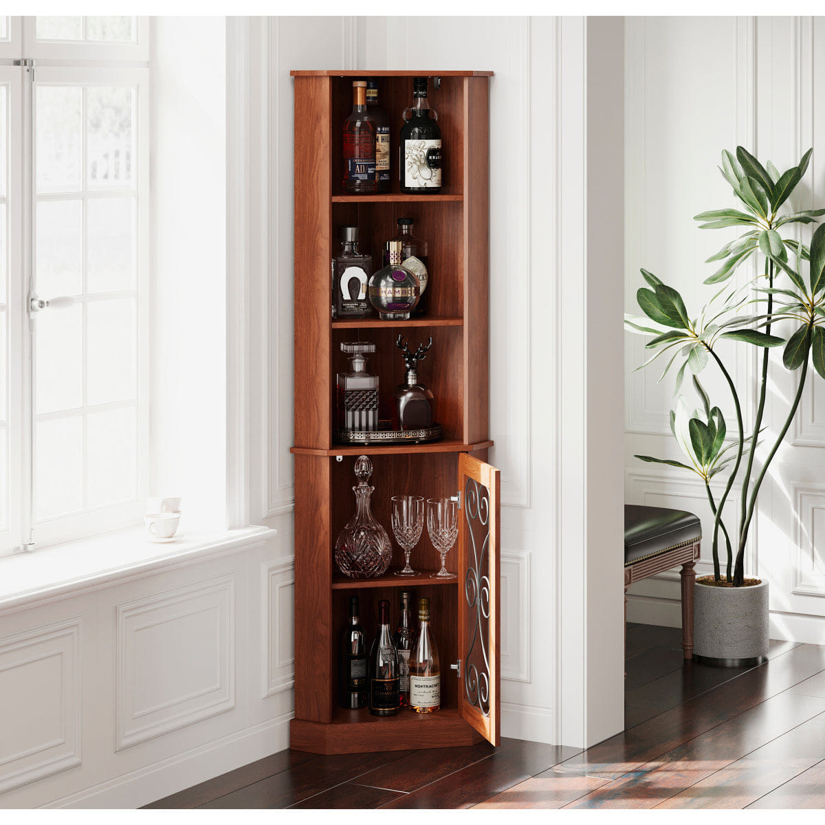 CORNER Streamdale Tall Corner Bar Cabinet with Open Shelves & Mesh Door, Walnut