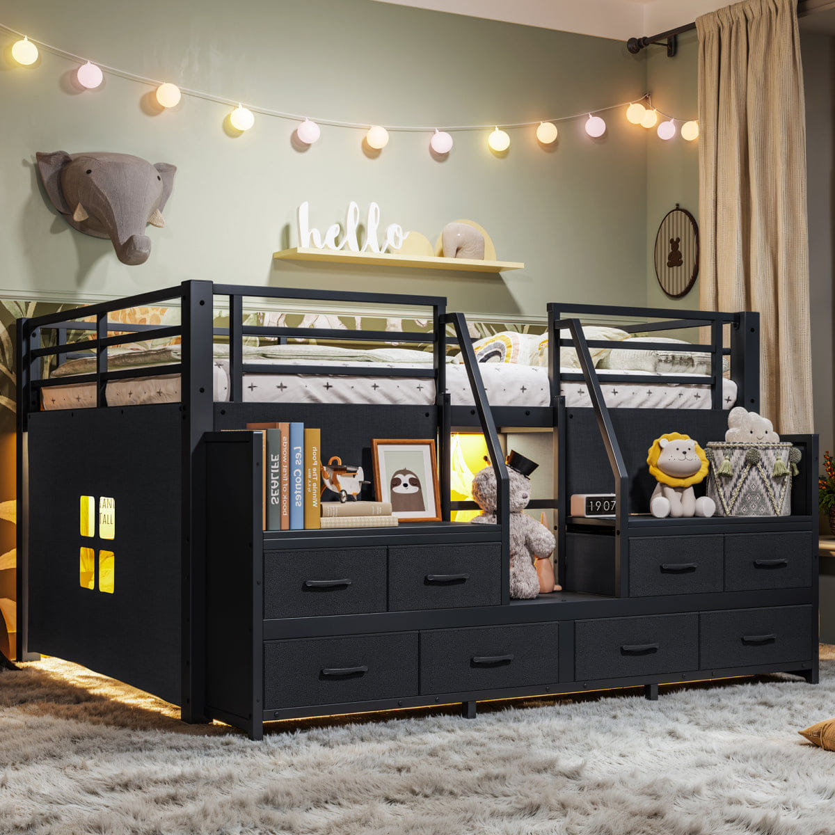 Loft Streamdale Full Low Loft Bed with Storage, Stairs, LED Lights, and Fabric Drawers, Black