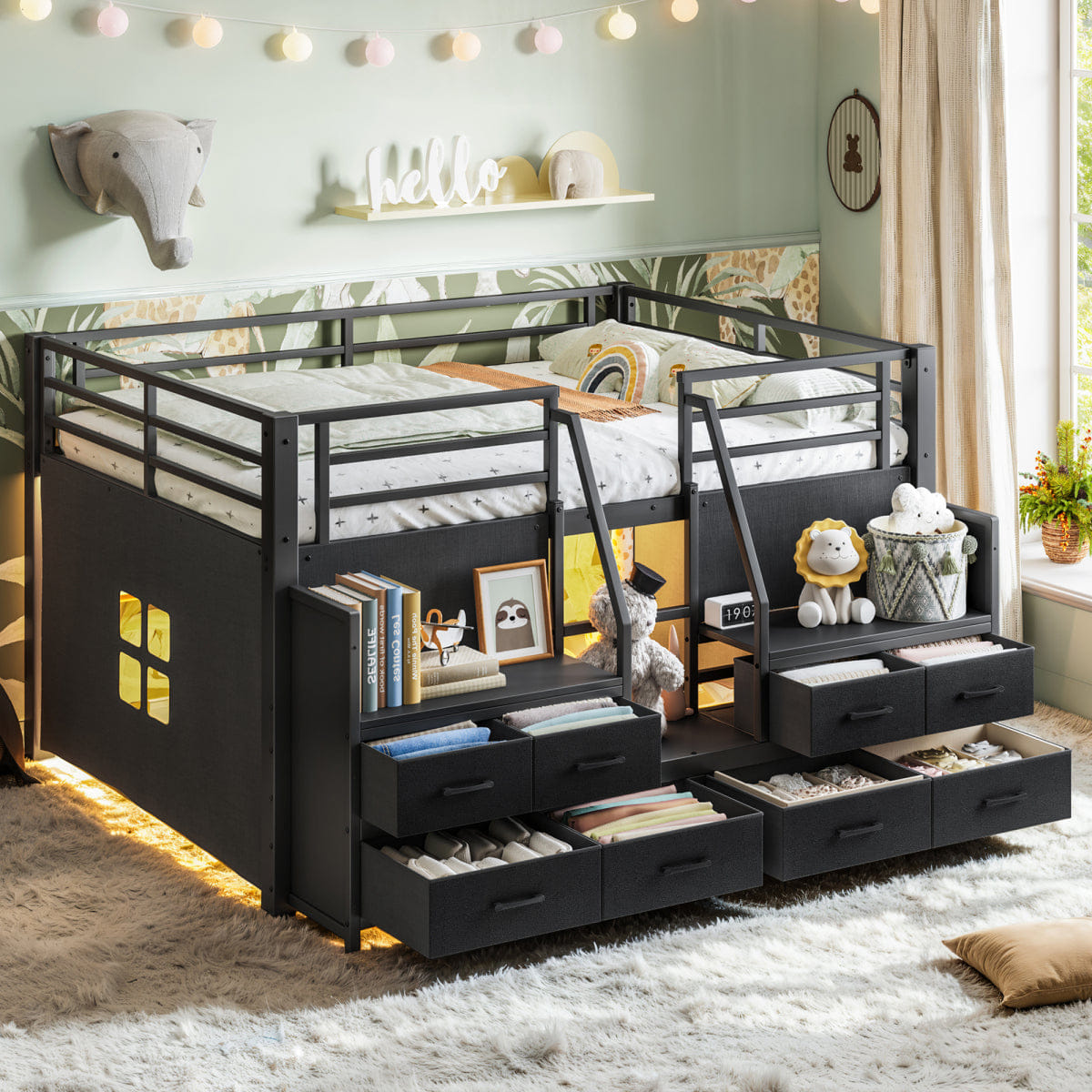 Loft Streamdale Full Low Loft Bed with Storage, Stairs, LED Lights, and Fabric Drawers, Black