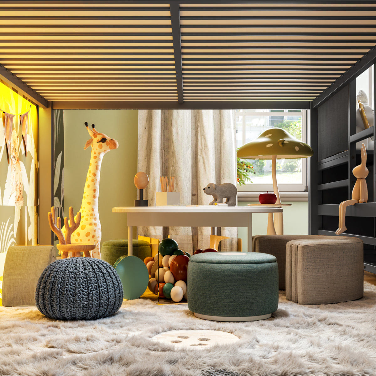 Loft Streamdale Full Low Loft Bed with Storage, Stairs, LED Lights, and Fabric Drawers, Black
