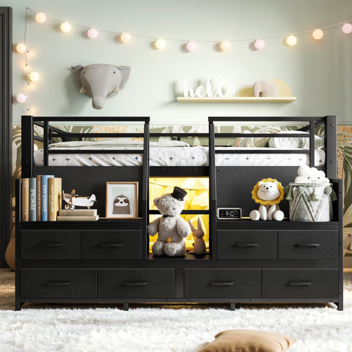 Loft Streamdale Full Low Loft Bed with Storage, Stairs, LED Lights, and Fabric Drawers, Black