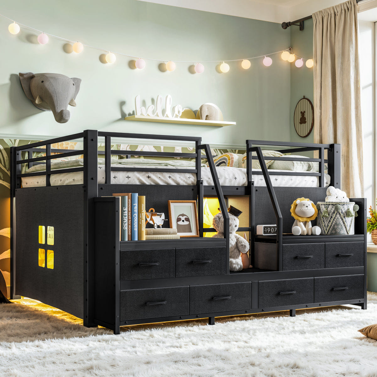 Loft Streamdale Full Low Loft Bed with Storage, Stairs, LED Lights, and Fabric Drawers, Black
