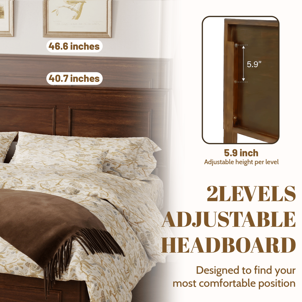 WOOD Streamdale Queen Size Pine Wood Bed with Adjustable Headboard - Walnut