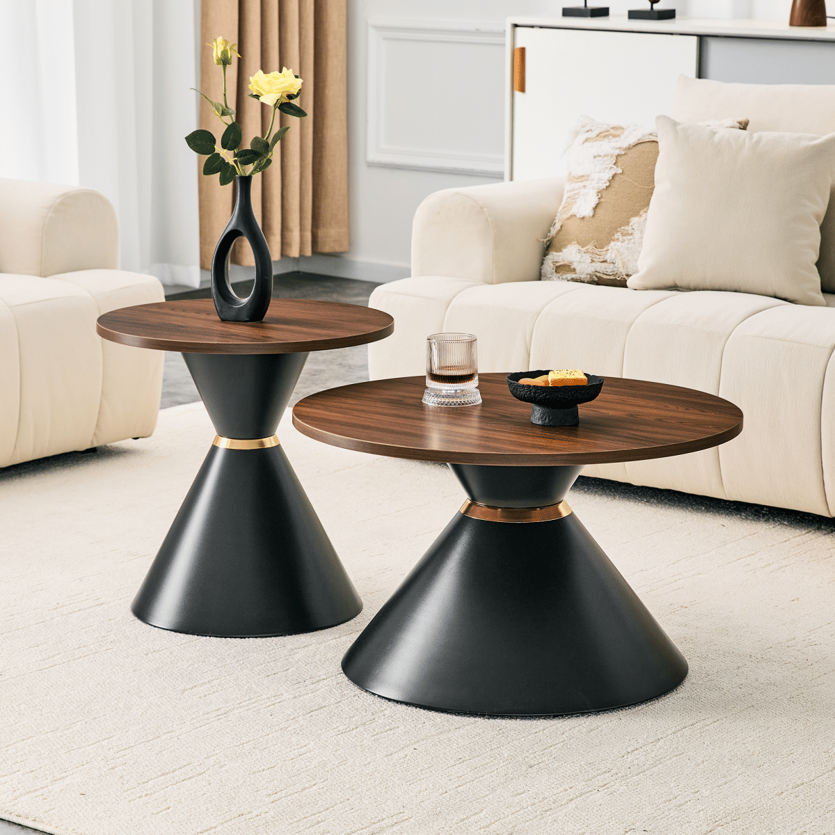 Base Streamdale 2 - Piece Walnut Textured Round Coffee Table Set with Metal Base