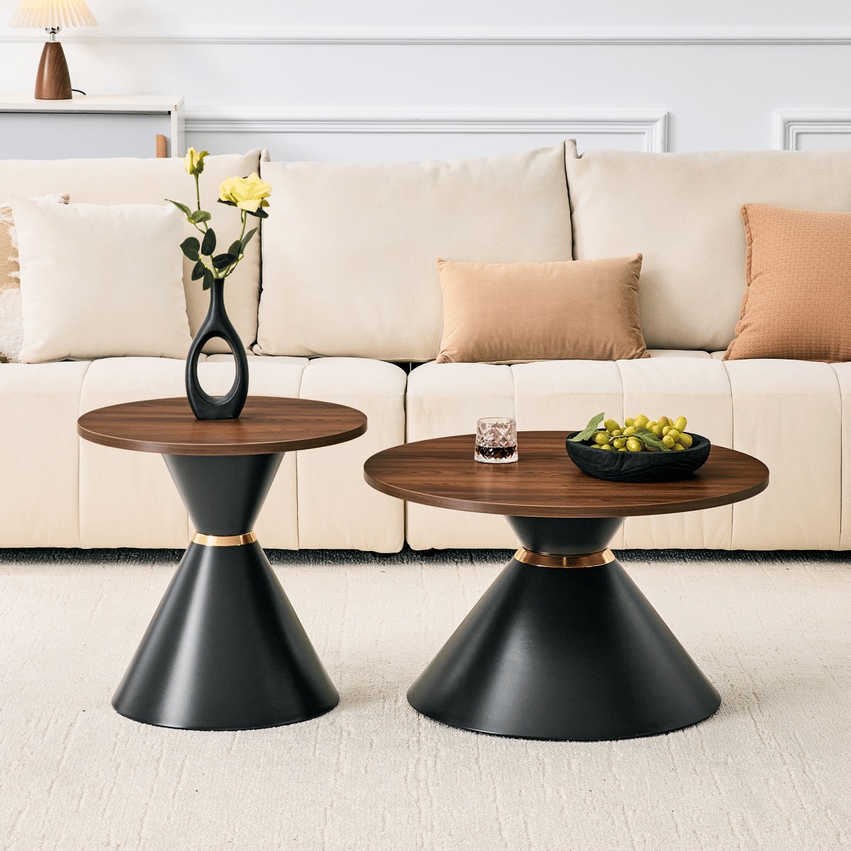 Base Streamdale 2 - Piece Walnut Textured Round Coffee Table Set with Metal Base