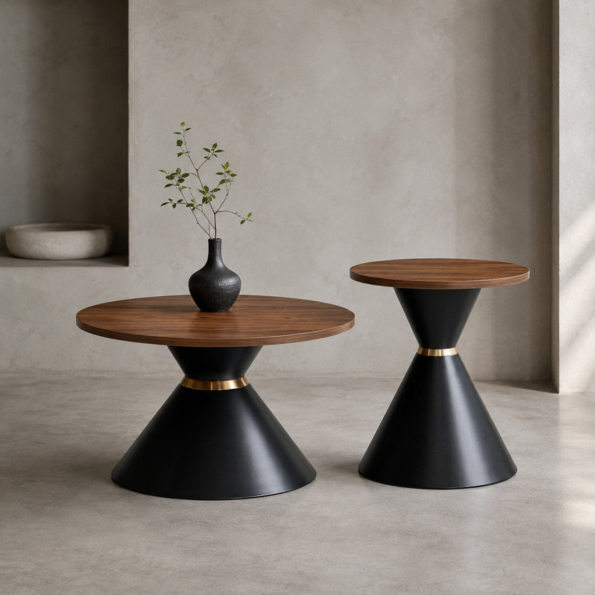 Base Streamdale 2 - Piece Walnut Textured Round Coffee Table Set with Metal Base
