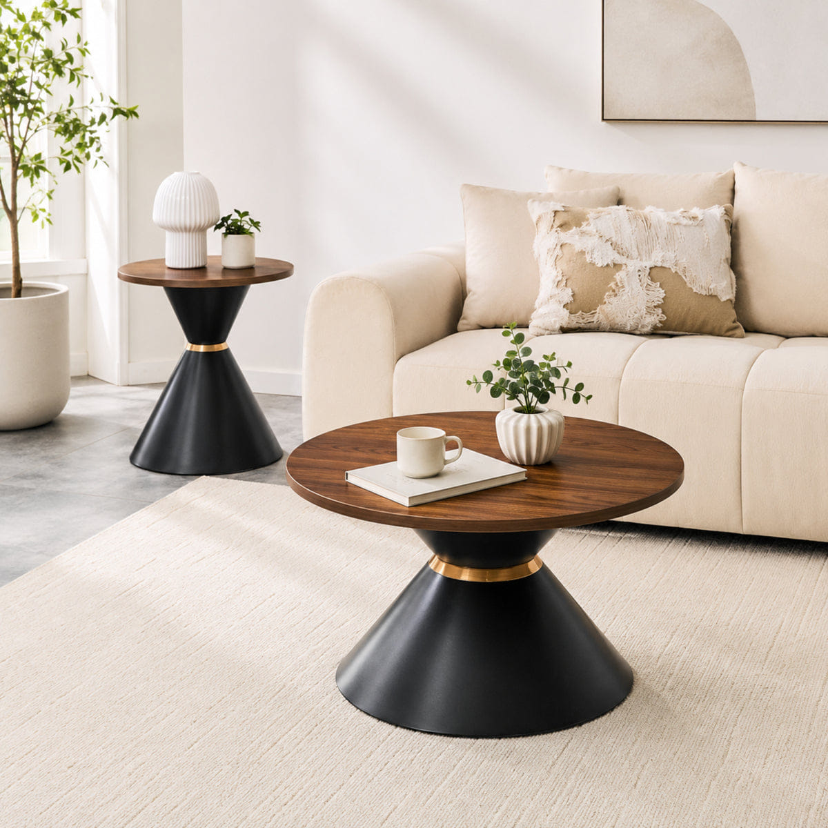 Base Streamdale 2 - Piece Walnut Textured Round Coffee Table Set with Metal Base