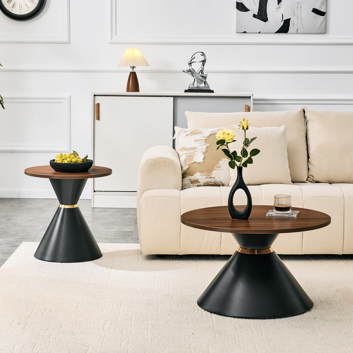Base Streamdale 2 - Piece Walnut Textured Round Coffee Table Set with Metal Base