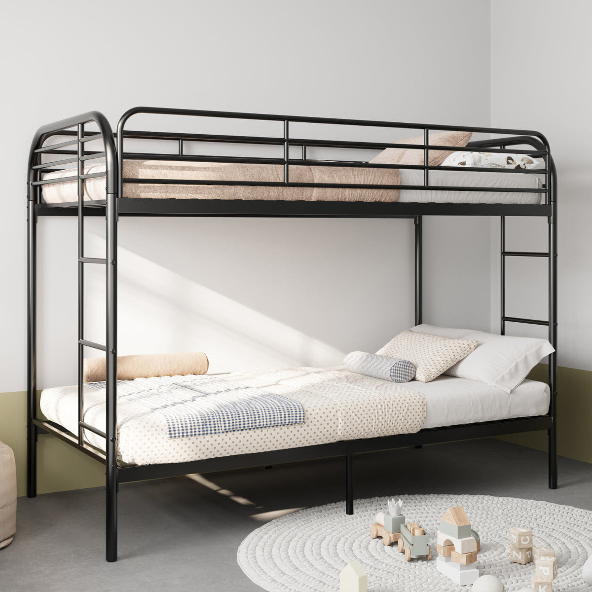 And Streamdale Metal Twin Over Twin Bunk Bed with Ladder, Guardrail, and Storage, Black
