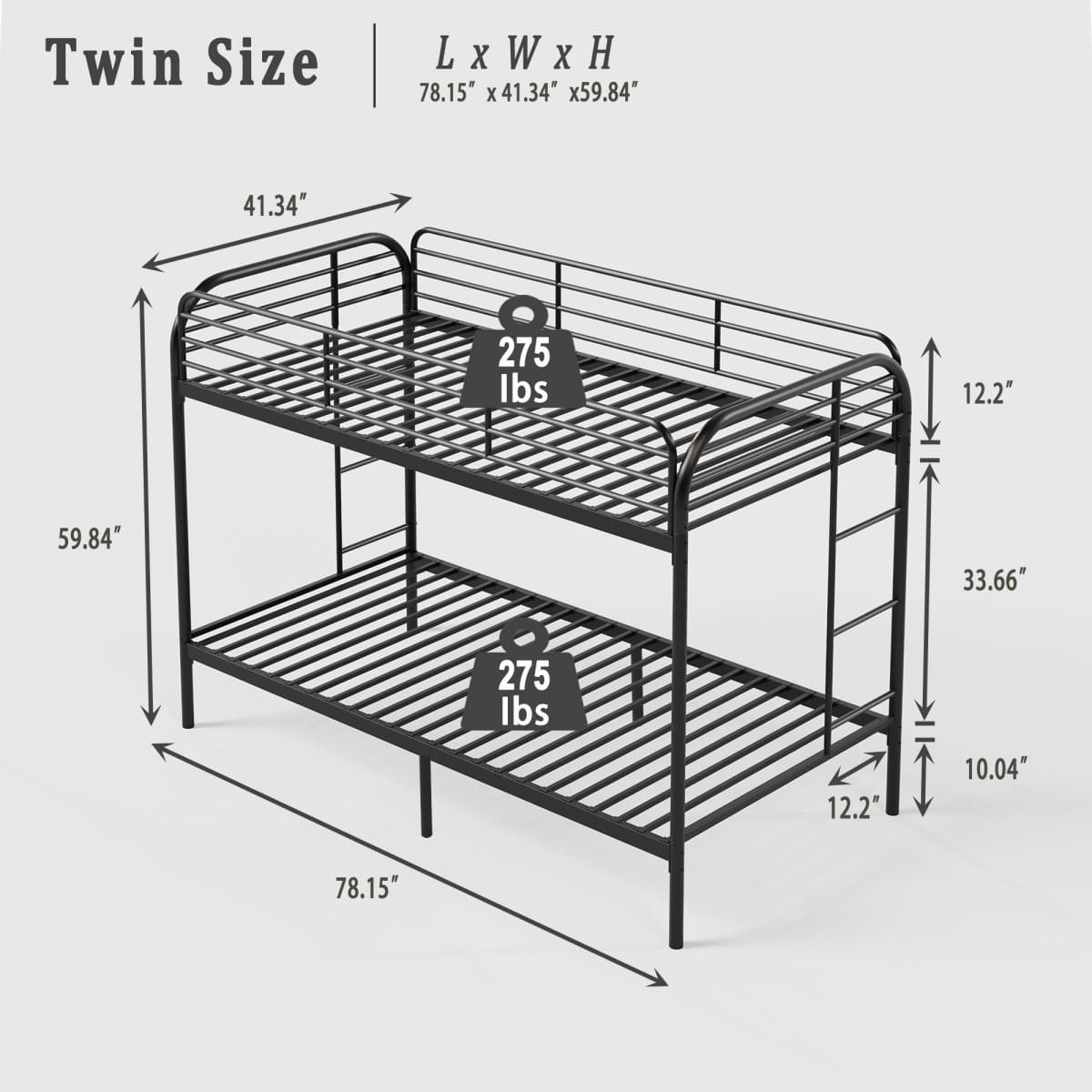 And Streamdale Metal Twin Over Twin Bunk Bed with Ladder, Guardrail, and Storage, Black