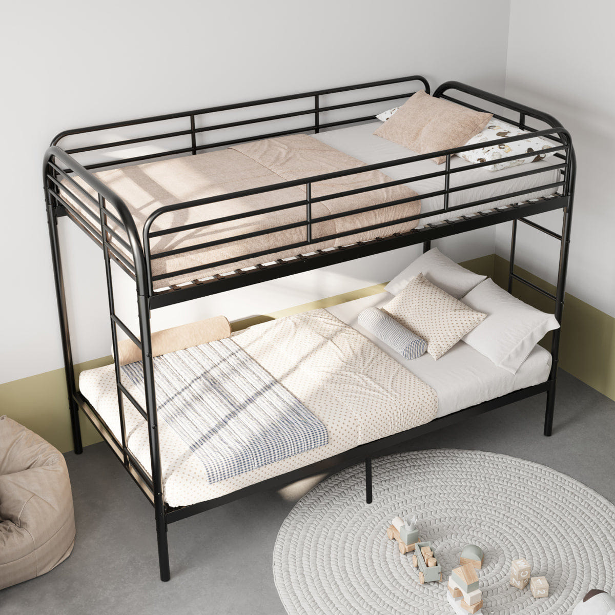 And Streamdale Metal Twin Over Twin Bunk Bed with Ladder, Guardrail, and Storage, Black