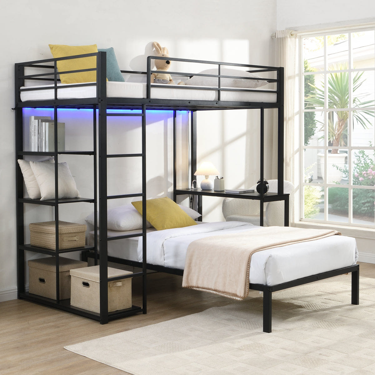 Loft Streamdale Metal Loft Bed with LED, Desk & Shelves, Twin Size