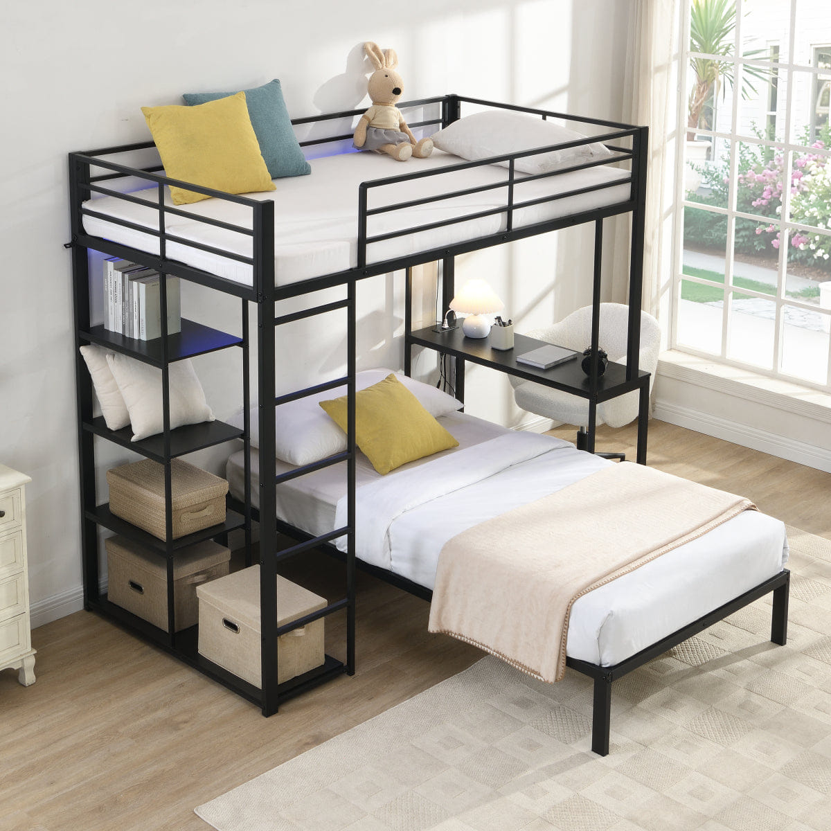 Loft Streamdale Metal Loft Bed with LED, Desk & Shelves, Twin Size