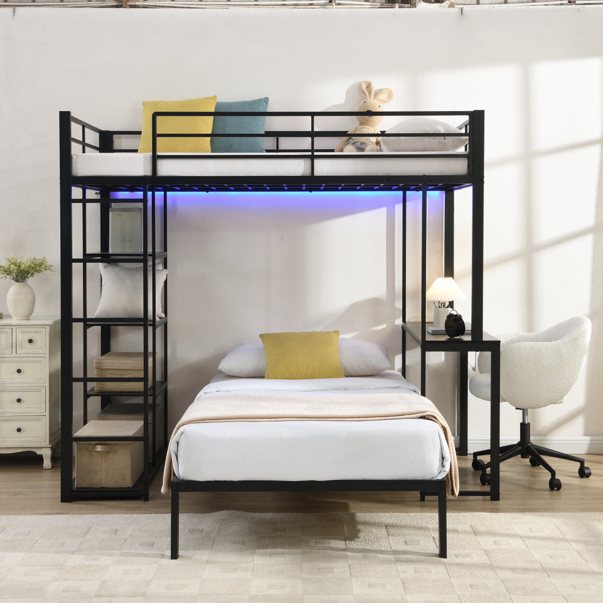 Loft Streamdale Metal Loft Bed with LED, Desk & Shelves, Twin Size
