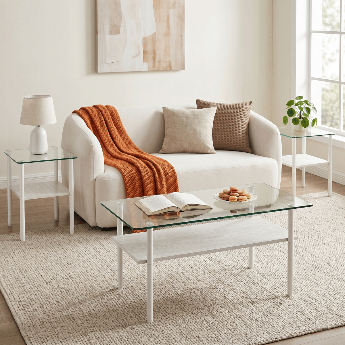And Streamdale Modern Glass Coffee Table and End Tables Set of 3 with Wooden Shelf