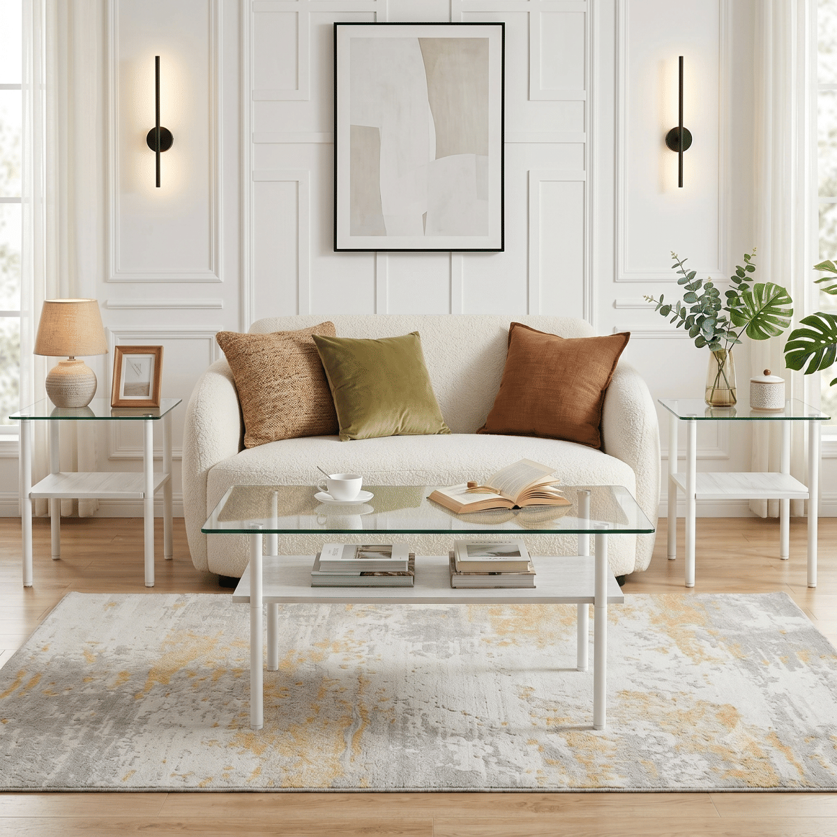 And Streamdale Modern Glass Coffee Table and End Tables Set of 3 with Wooden Shelf