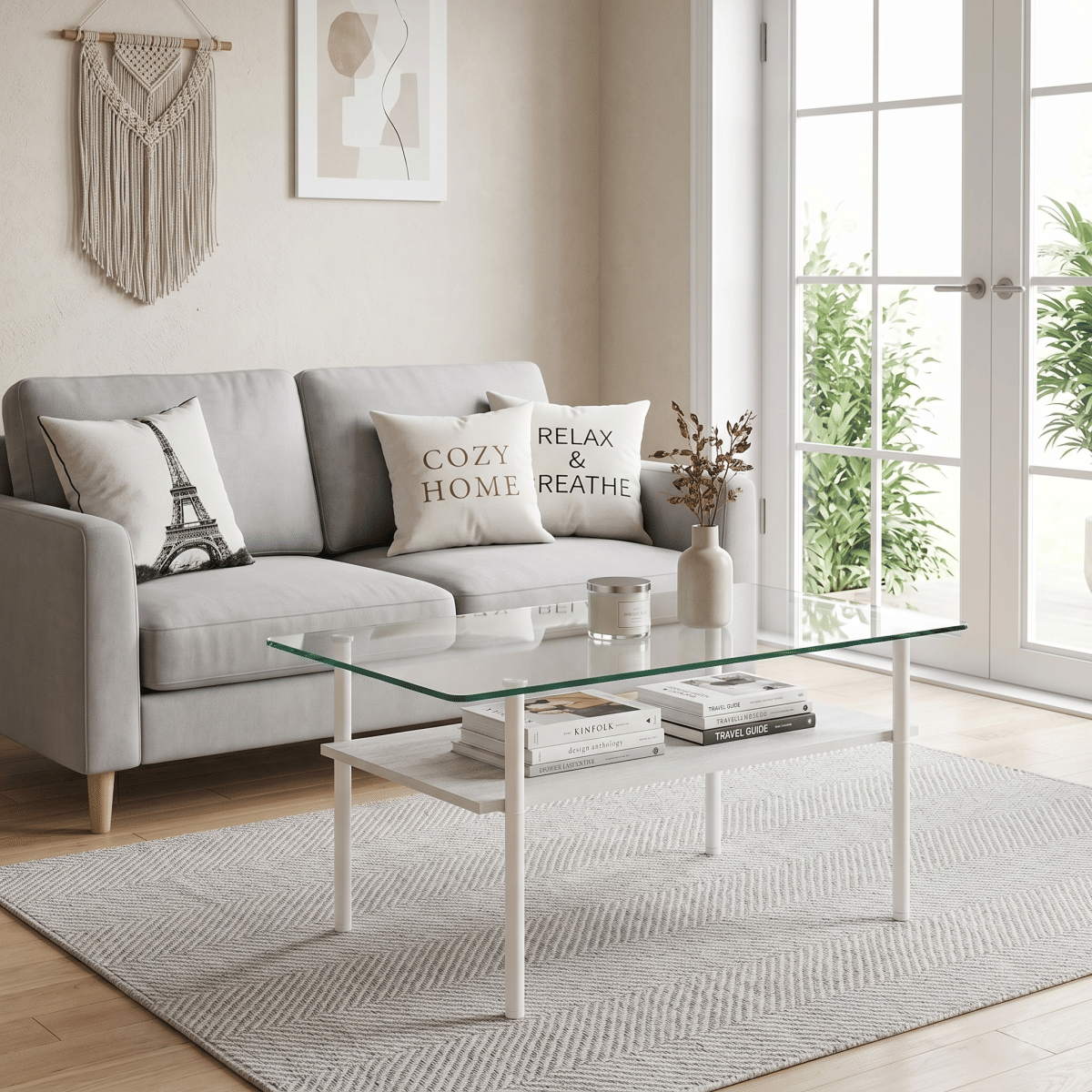 And Streamdale Modern Glass Coffee Table and End Tables Set of 3 with Wooden Shelf