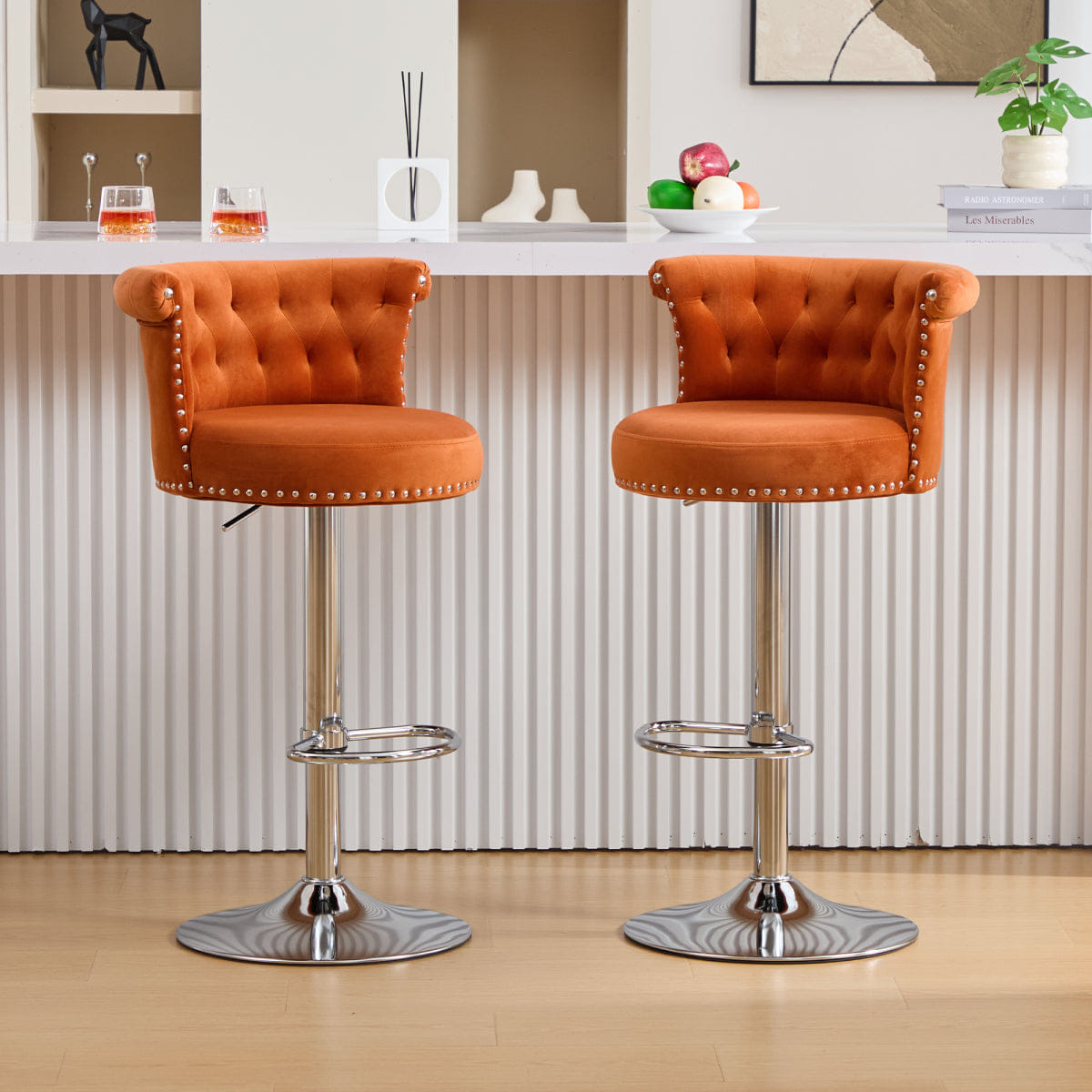 Velvet Streamdale Velvet Bar Stool Set of 2, Adjustable Swivel with Silver Legs